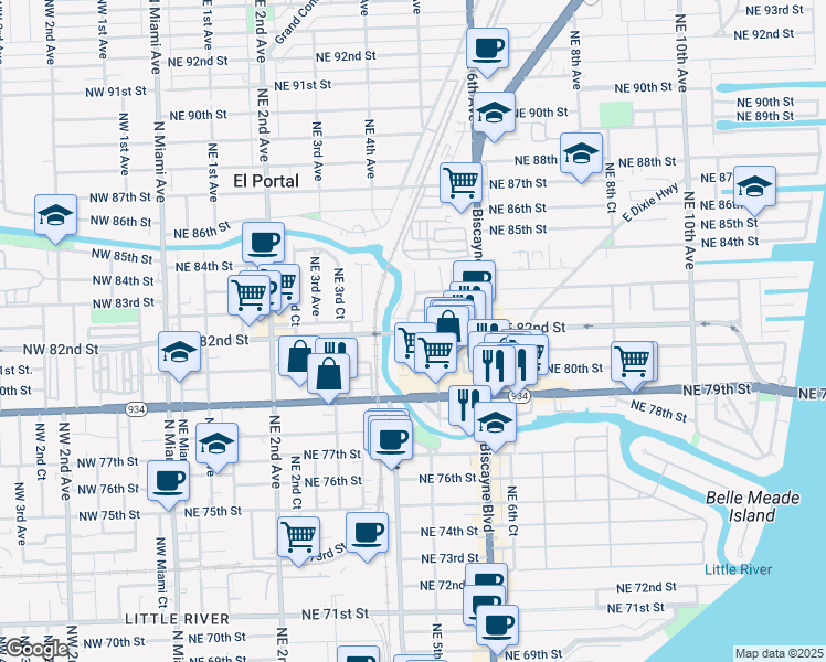 map of restaurants, bars, coffee shops, grocery stores, and more near 428 Northeast Little River Drive in Miami