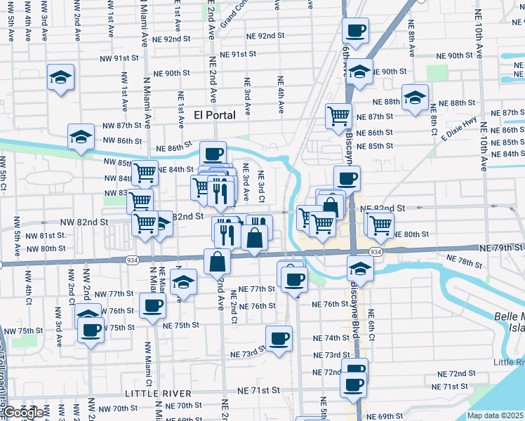map of restaurants, bars, coffee shops, grocery stores, and more near 360 Northeast 82nd Street in Miami