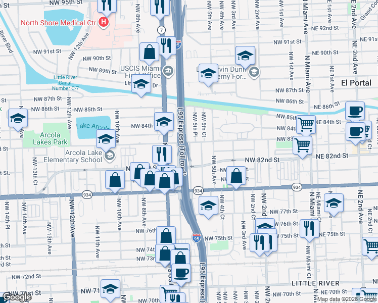 map of restaurants, bars, coffee shops, grocery stores, and more near 8185 Northwest 6th Court in Miami