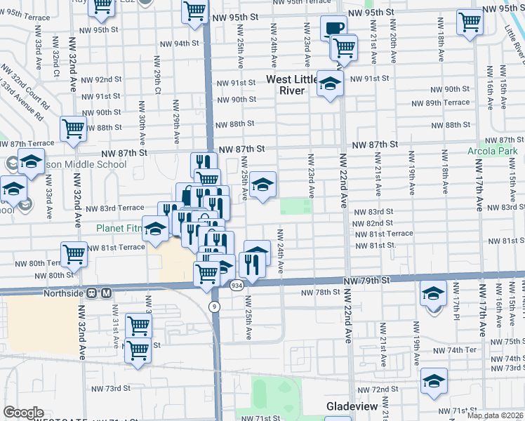 map of restaurants, bars, coffee shops, grocery stores, and more near 2475 Northwest 82nd Street in Miami