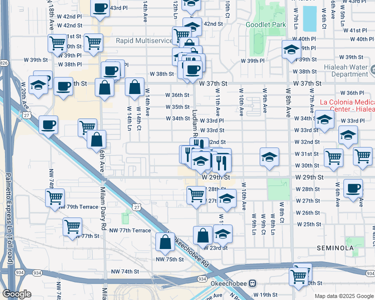 map of restaurants, bars, coffee shops, grocery stores, and more near 1225 West 30th Street in Hialeah