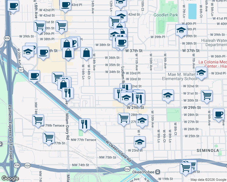 map of restaurants, bars, coffee shops, grocery stores, and more near 1300 West 31st Street in Hialeah