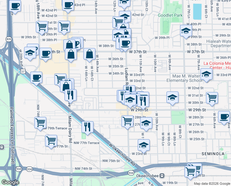 map of restaurants, bars, coffee shops, grocery stores, and more near 1300 West 31st Street in Hialeah