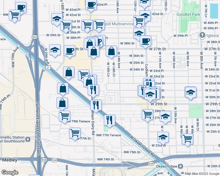 map of restaurants, bars, coffee shops, grocery stores, and more near 5 West 31st Street in Hialeah