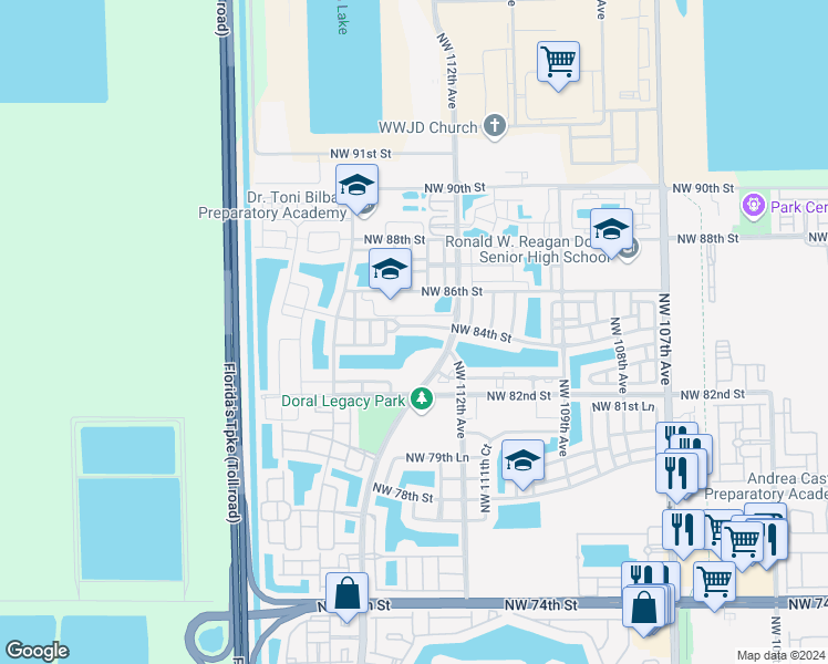 map of restaurants, bars, coffee shops, grocery stores, and more near 11320 Northwest 84th Street in Doral