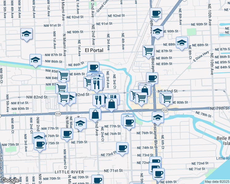 map of restaurants, bars, coffee shops, grocery stores, and more near 360 Northeast 82nd Street in Miami