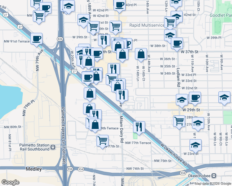 map of restaurants, bars, coffee shops, grocery stores, and more near 3050 West 16th Avenue in Hialeah