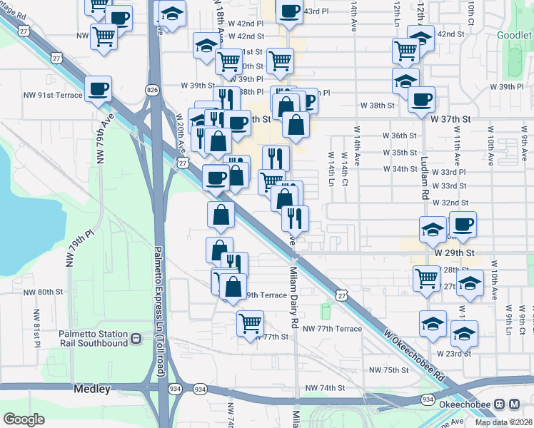 map of restaurants, bars, coffee shops, grocery stores, and more near 3001 Okeechobee Road in Hialeah