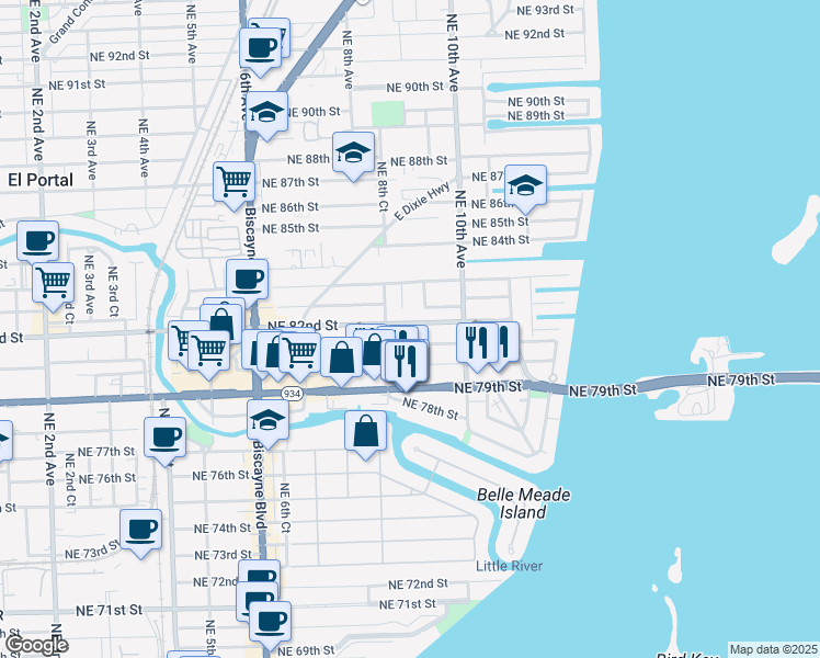 map of restaurants, bars, coffee shops, grocery stores, and more near 894 Northeast 81st Street in Miami