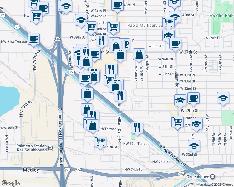 map of restaurants, bars, coffee shops, grocery stores, and more near 3050 West 16th Avenue in Hialeah
