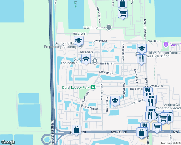 map of restaurants, bars, coffee shops, grocery stores, and more near 11320 Northwest 84th Street in Doral