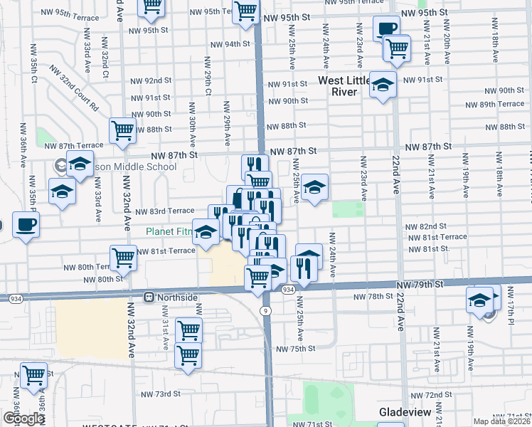map of restaurants, bars, coffee shops, grocery stores, and more near 2600 NW 83rd St in West Little River