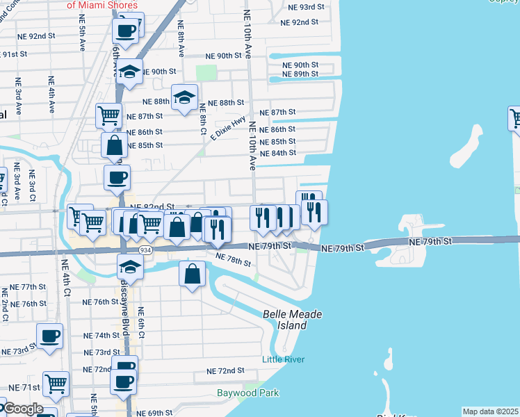 map of restaurants, bars, coffee shops, grocery stores, and more near 8020 Northeast 10th Avenue in Miami