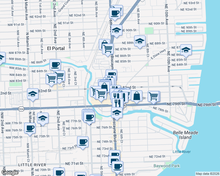 map of restaurants, bars, coffee shops, grocery stores, and more near 567b Northeast 81st Street in Miami