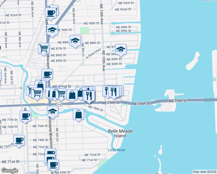 map of restaurants, bars, coffee shops, grocery stores, and more near 8020 Northeast 10th Avenue in Miami