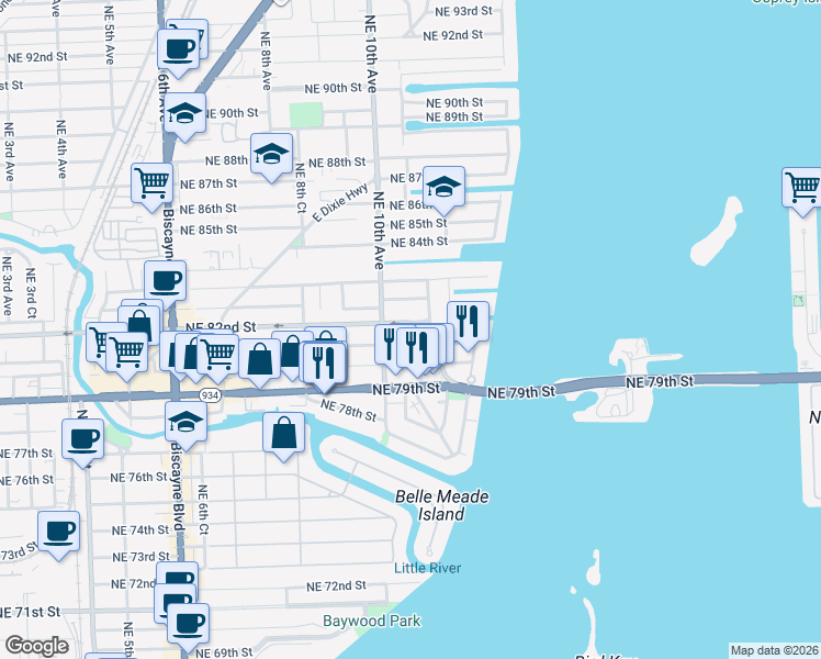 map of restaurants, bars, coffee shops, grocery stores, and more near 1070 Northeast 81st Street in Miami