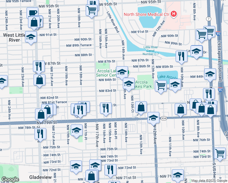 map of restaurants, bars, coffee shops, grocery stores, and more near 8298 Northwest 14th Place in Miami