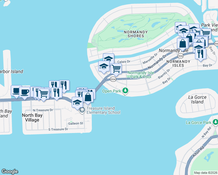 map of restaurants, bars, coffee shops, grocery stores, and more near 1990 Bay Drive in Miami Beach