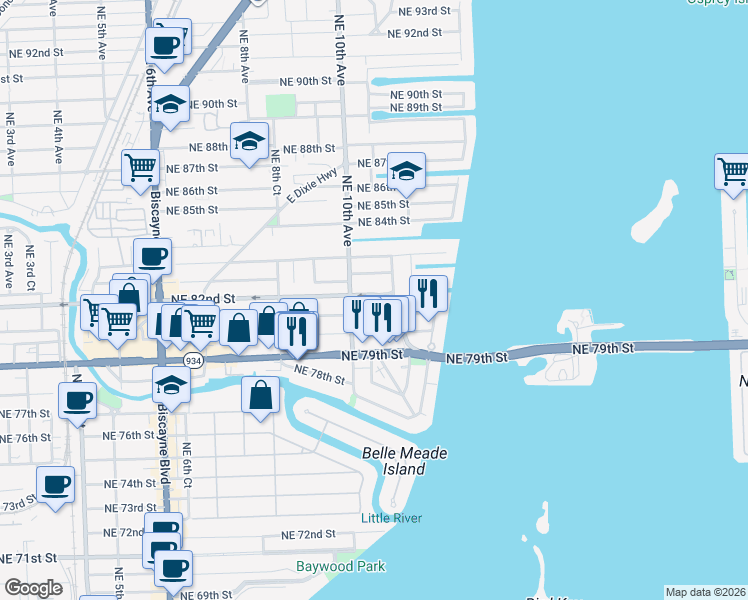 map of restaurants, bars, coffee shops, grocery stores, and more near 1070 Northeast 81st Street in Miami