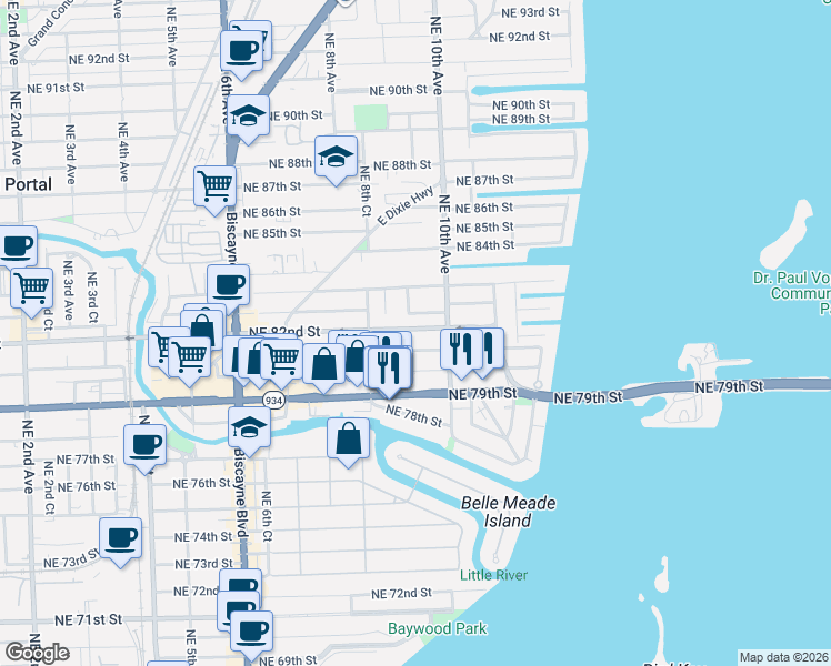 map of restaurants, bars, coffee shops, grocery stores, and more near 894 Northeast 81st Street in Miami