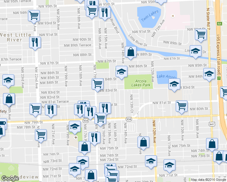 map of restaurants, bars, coffee shops, grocery stores, and more near 8152 Northwest 14th Place in Miami