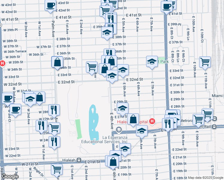 map of restaurants, bars, coffee shops, grocery stores, and more near 14 East 30th Street in Hialeah