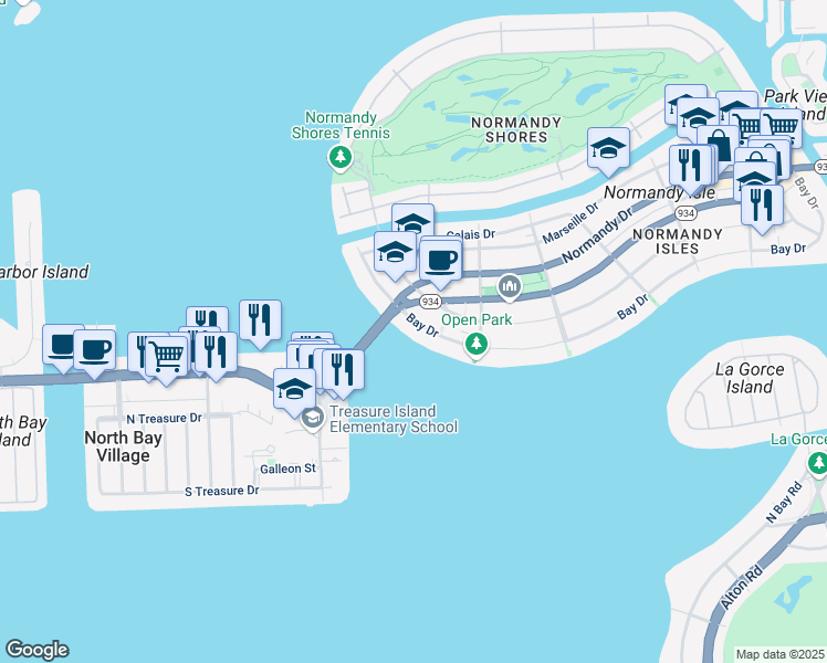 map of restaurants, bars, coffee shops, grocery stores, and more near 2016 Bay Drive in Miami Beach