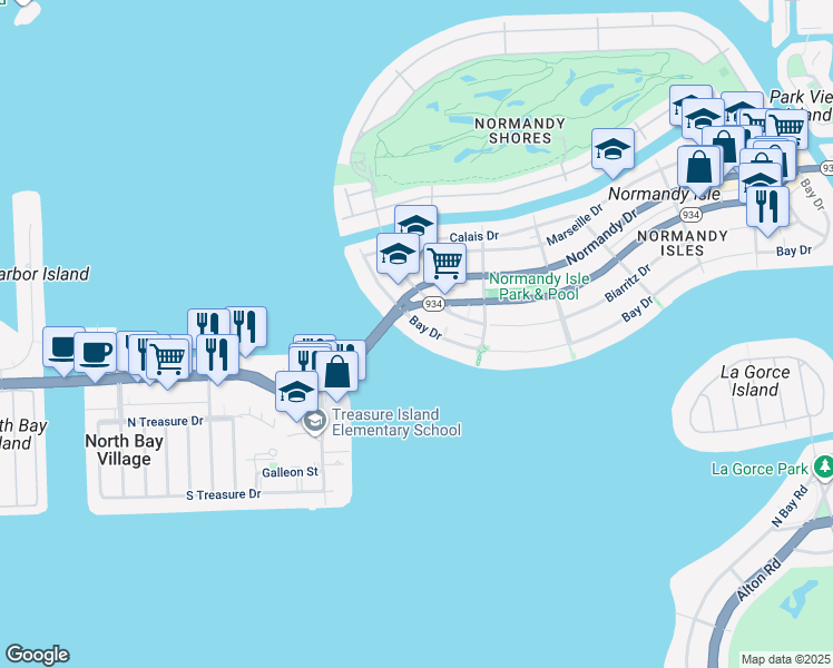 map of restaurants, bars, coffee shops, grocery stores, and more near 1990 Bay Drive in Miami Beach