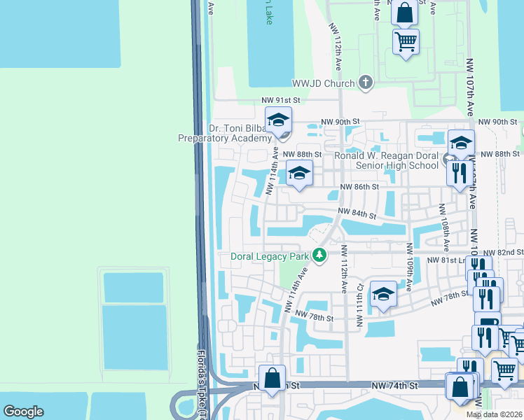 map of restaurants, bars, coffee shops, grocery stores, and more near 11454 Northwest 83rd Way in Doral