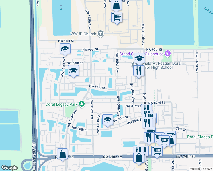 map of restaurants, bars, coffee shops, grocery stores, and more near 8537 Northwest 110th Avenue in Doral
