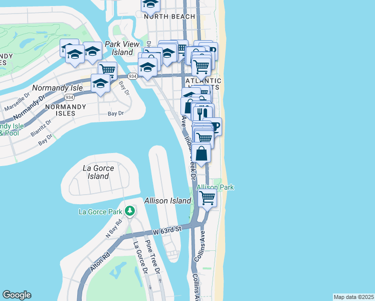 map of restaurants, bars, coffee shops, grocery stores, and more near 6700 Indian Creek Drive in Miami Beach