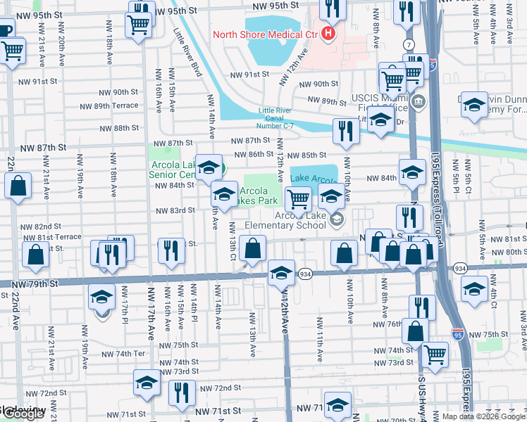 map of restaurants, bars, coffee shops, grocery stores, and more near 1301 Northwest 83rd Street in Miami