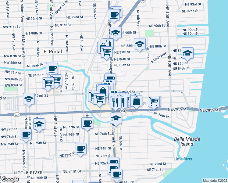 map of restaurants, bars, coffee shops, grocery stores, and more near in Miami