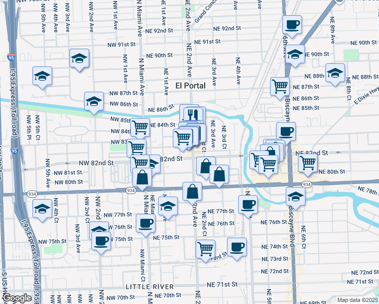 map of restaurants, bars, coffee shops, grocery stores, and more near 8260 Northeast 2nd Avenue in Miami