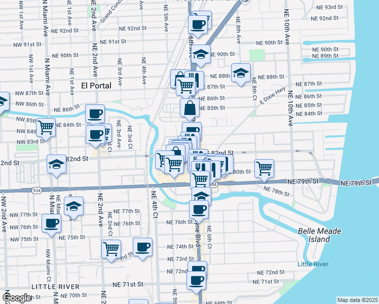 map of restaurants, bars, coffee shops, grocery stores, and more near 567 Northeast 82nd Terrace in Miami