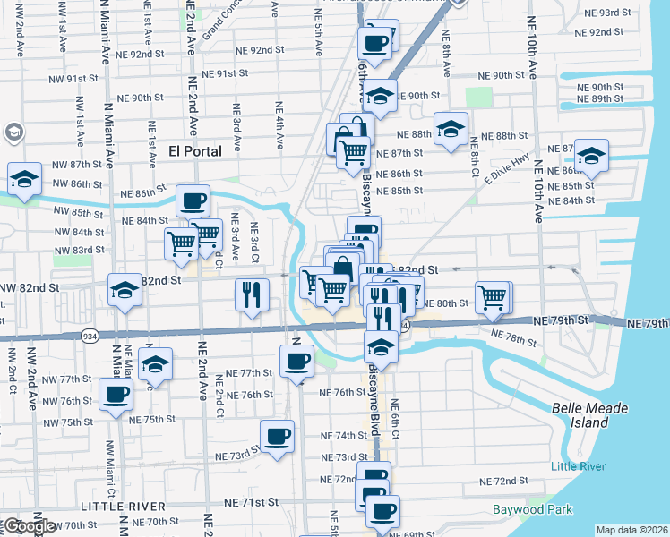 map of restaurants, bars, coffee shops, grocery stores, and more near 461 Northeast 82nd Terrace in Miami