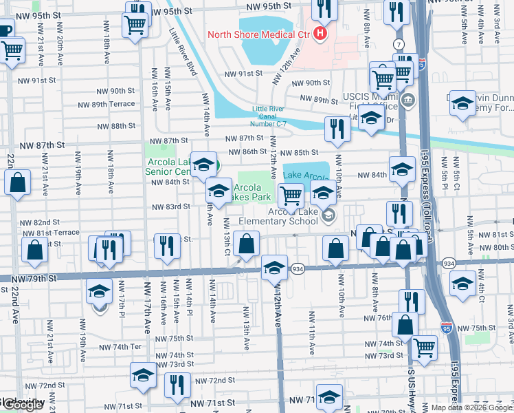 map of restaurants, bars, coffee shops, grocery stores, and more near 1301 Northwest 83rd Street in Miami