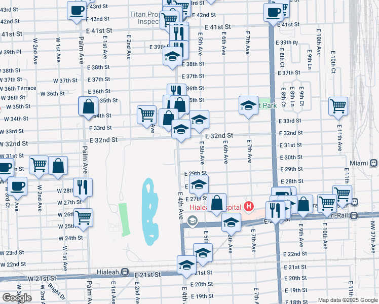 map of restaurants, bars, coffee shops, grocery stores, and more near 416 East 32nd Street in Hialeah