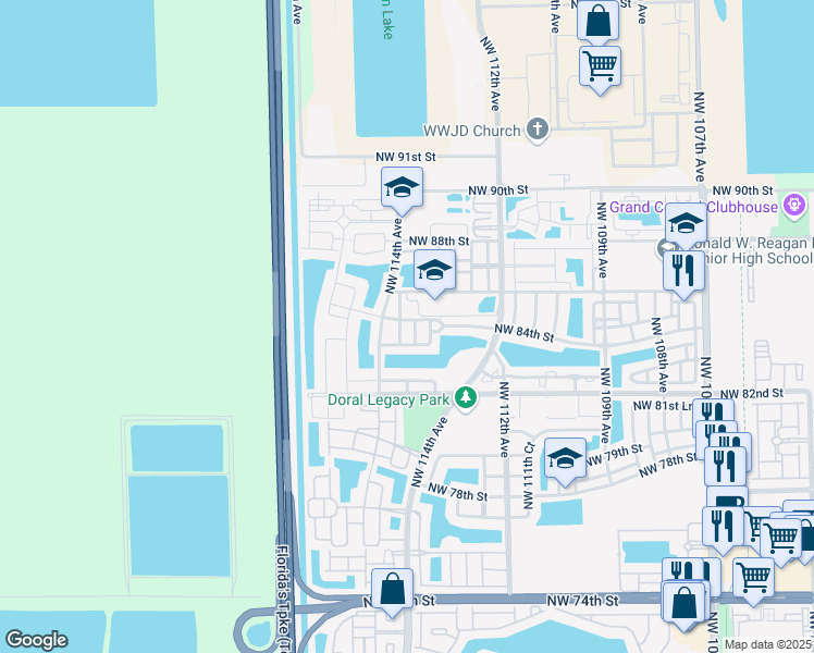 map of restaurants, bars, coffee shops, grocery stores, and more near 11370 Northwest 84th Street in Doral