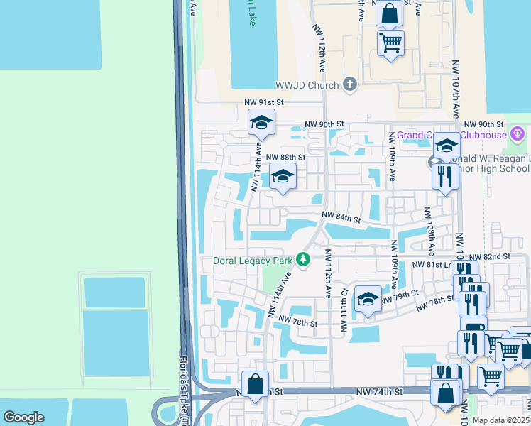 map of restaurants, bars, coffee shops, grocery stores, and more near 11370 Northwest 84th Street in Doral