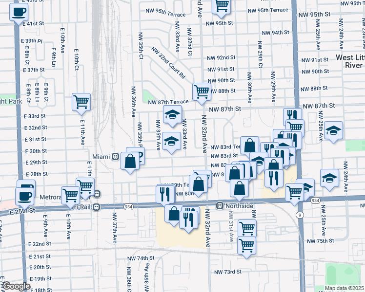map of restaurants, bars, coffee shops, grocery stores, and more near 8435 Northwest 33rd Avenue in Miami