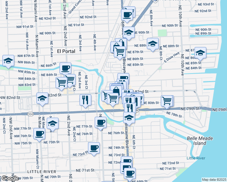 map of restaurants, bars, coffee shops, grocery stores, and more near 461 Northeast 82nd Terrace in Miami