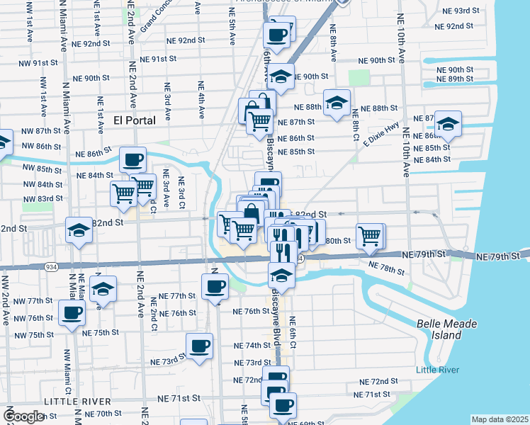 map of restaurants, bars, coffee shops, grocery stores, and more near 567 Northeast 82nd Terrace in Miami