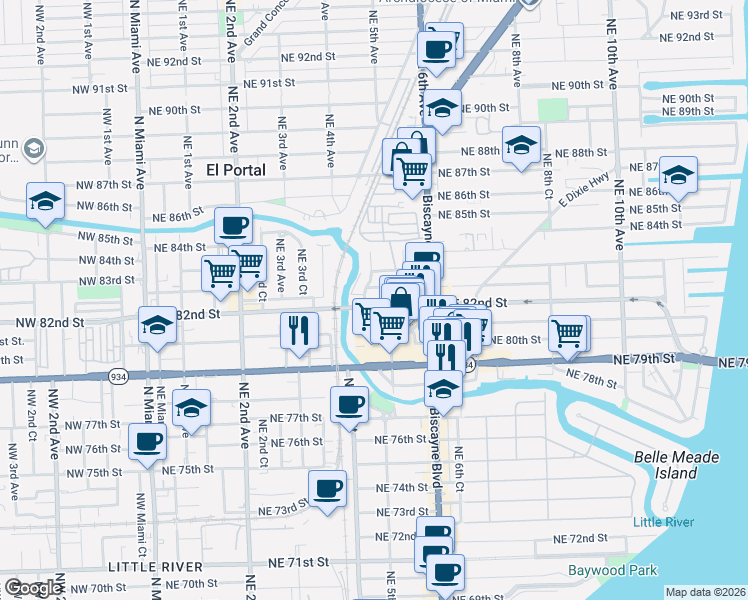 map of restaurants, bars, coffee shops, grocery stores, and more near 461 Northeast 82nd Terrace in Miami