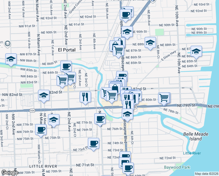 map of restaurants, bars, coffee shops, grocery stores, and more near 433 Northeast 82nd Street in Miami
