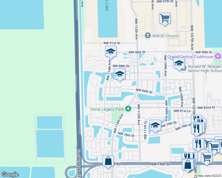 map of restaurants, bars, coffee shops, grocery stores, and more near 11370 Northwest 84th Street in Doral