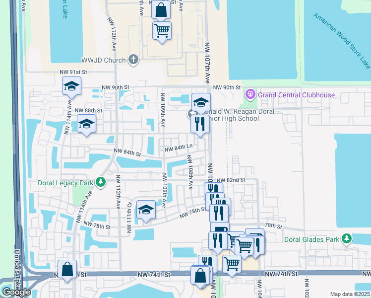 map of restaurants, bars, coffee shops, grocery stores, and more near 8538 Northwest 108th Avenue in Doral