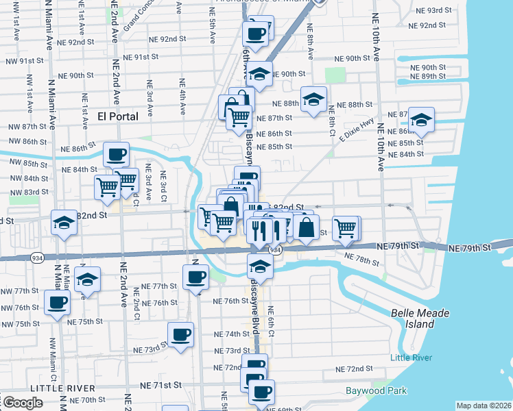 map of restaurants, bars, coffee shops, grocery stores, and more near in Miami