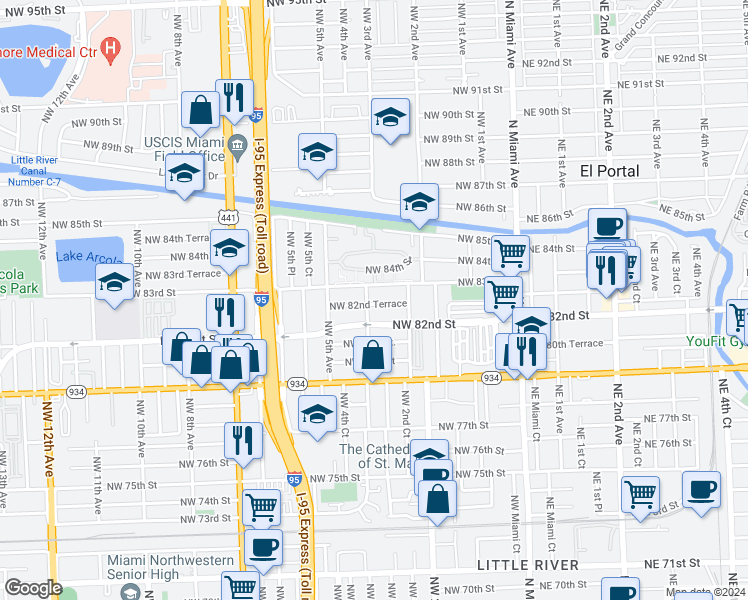 map of restaurants, bars, coffee shops, grocery stores, and more near 385 Northwest 82nd Terrace in Miami