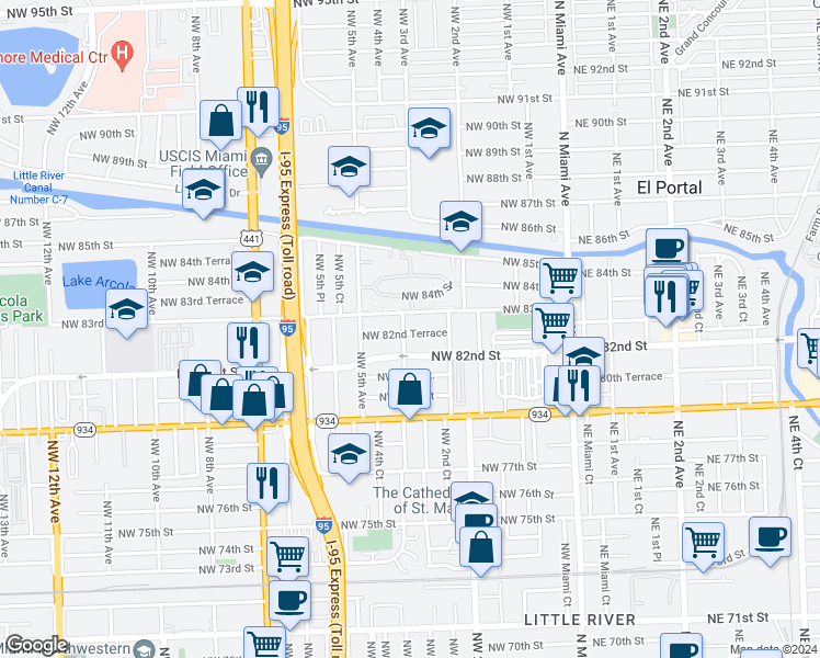 map of restaurants, bars, coffee shops, grocery stores, and more near 387 Northwest 82nd Terrace in Miami